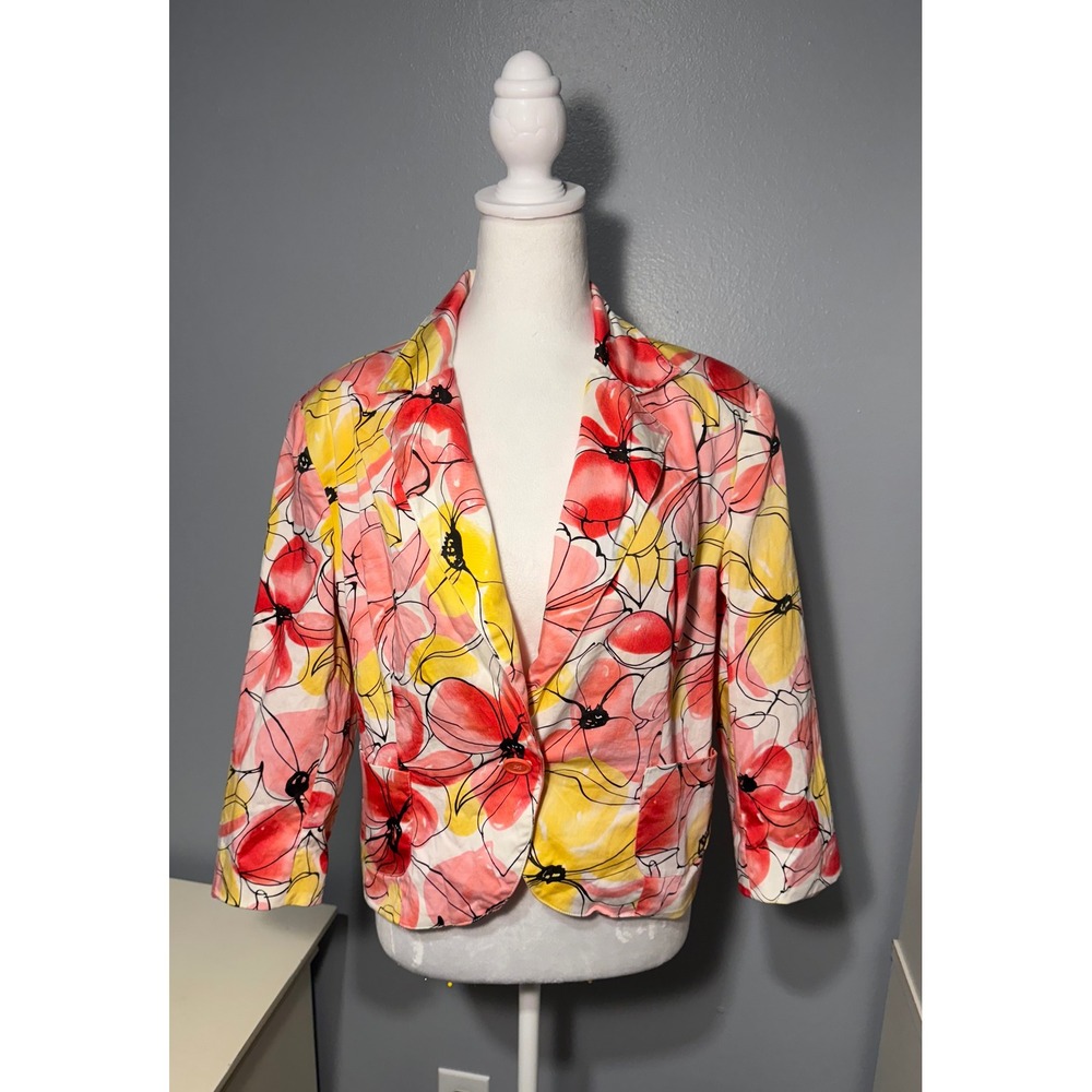 George Stretch Womens 18 Floral Blazer Jacket Peach Glow Pink Yellow